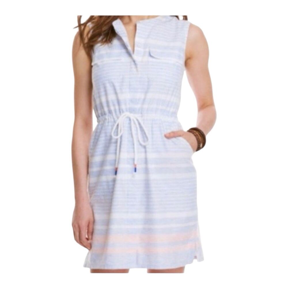 Vineyard Vines Blue Striped Pocket Drawstring Button Up Sleeveless Dress Size 2